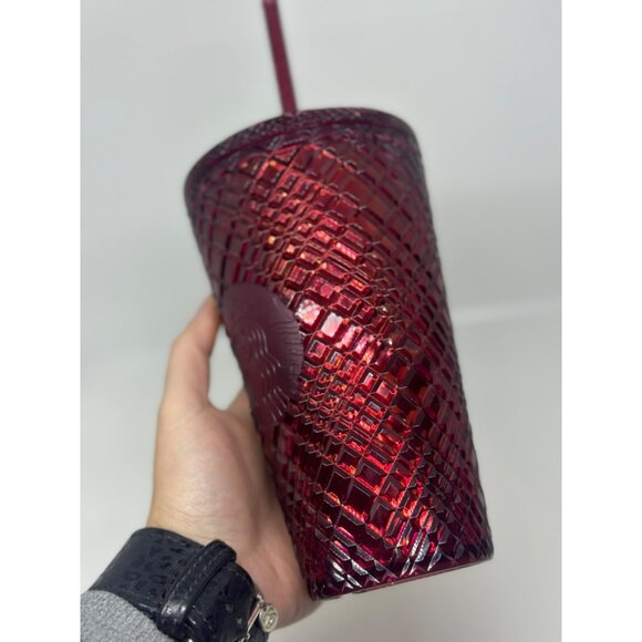 NEW Starbucks Holiday Edition Ruby Red Textured Tumbler Straw 16 oz Cold Cup - Picture 5 of 6